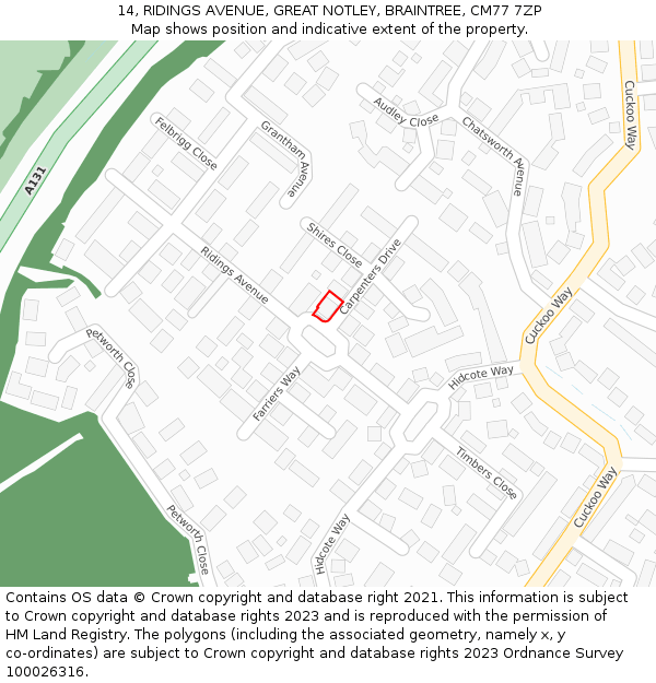 14, RIDINGS AVENUE, GREAT NOTLEY, BRAINTREE, CM77 7ZP: Location map and indicative extent of plot