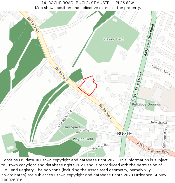 14, ROCHE ROAD, BUGLE, ST AUSTELL, PL26 8PW: Location map and indicative extent of plot