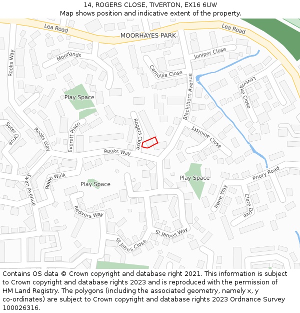 14, ROGERS CLOSE, TIVERTON, EX16 6UW: Location map and indicative extent of plot