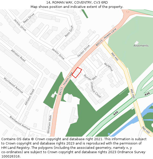 14, ROMAN WAY, COVENTRY, CV3 6RD: Location map and indicative extent of plot