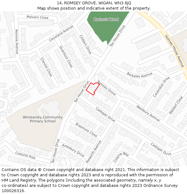 14, ROMSEY GROVE, WIGAN, WN3 6JQ: Location map and indicative extent of plot