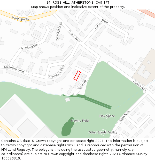 14, ROSE HILL, ATHERSTONE, CV9 1PT: Location map and indicative extent of plot