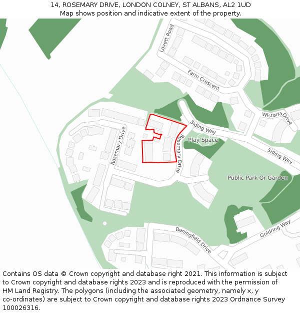 14, ROSEMARY DRIVE, LONDON COLNEY, ST ALBANS, AL2 1UD: Location map and indicative extent of plot