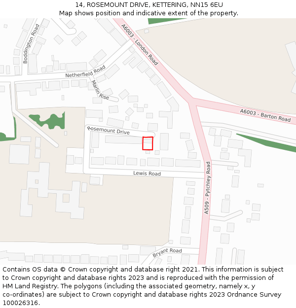 14, ROSEMOUNT DRIVE, KETTERING, NN15 6EU: Location map and indicative extent of plot