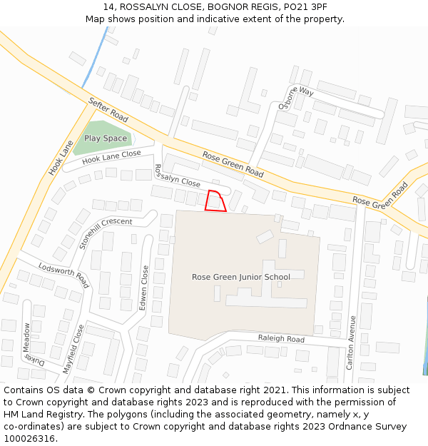 14, ROSSALYN CLOSE, BOGNOR REGIS, PO21 3PF: Location map and indicative extent of plot