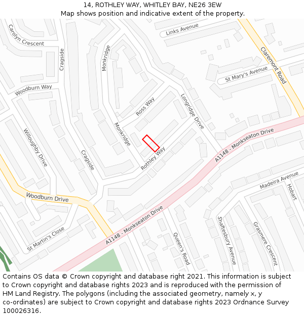 14, ROTHLEY WAY, WHITLEY BAY, NE26 3EW: Location map and indicative extent of plot