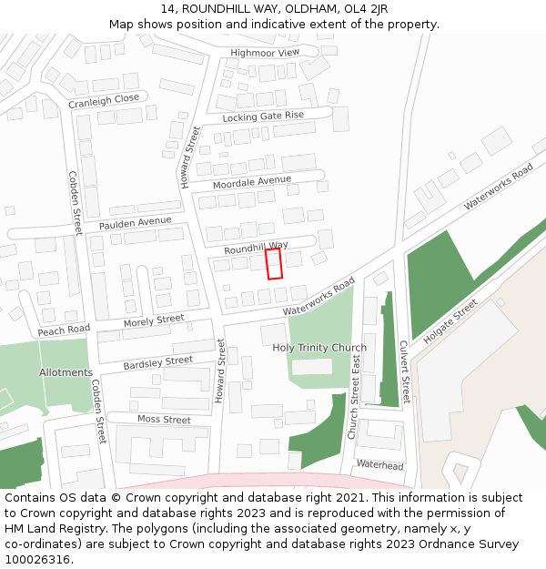 14, ROUNDHILL WAY, OLDHAM, OL4 2JR: Location map and indicative extent of plot