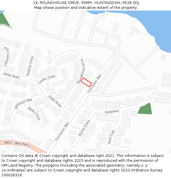 14, ROUNDHOUSE DRIVE, PERRY, HUNTINGDON, PE28 0DJ: Location map and indicative extent of plot