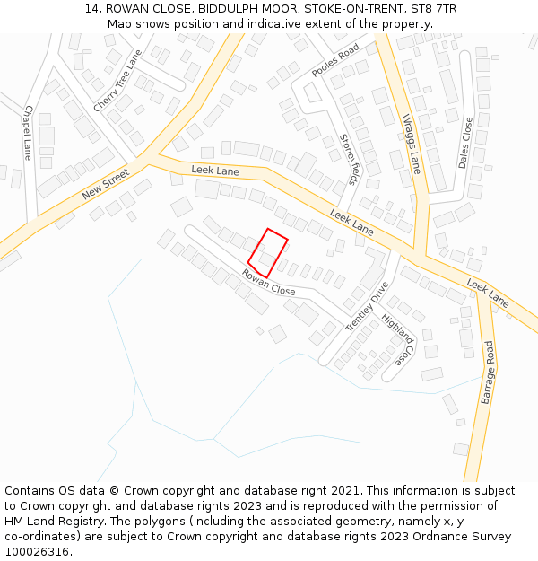 14, ROWAN CLOSE, BIDDULPH MOOR, STOKE-ON-TRENT, ST8 7TR: Location map and indicative extent of plot