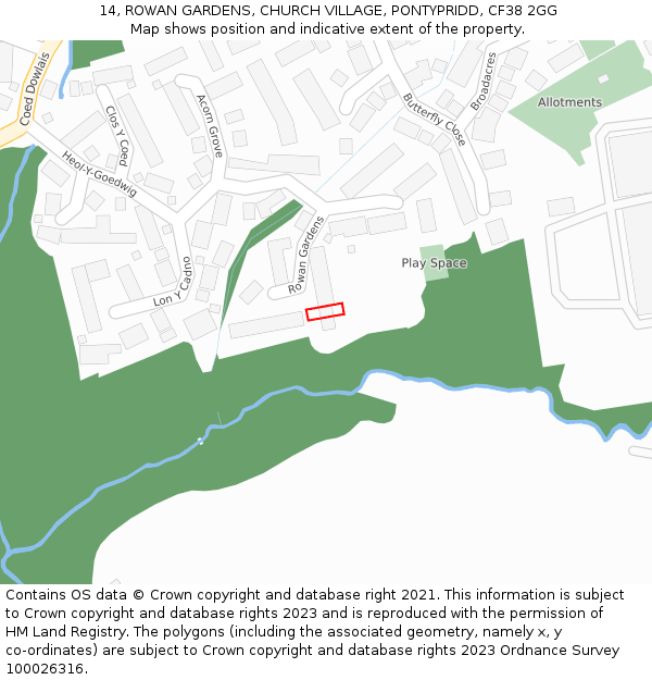 14, ROWAN GARDENS, CHURCH VILLAGE, PONTYPRIDD, CF38 2GG: Location map and indicative extent of plot