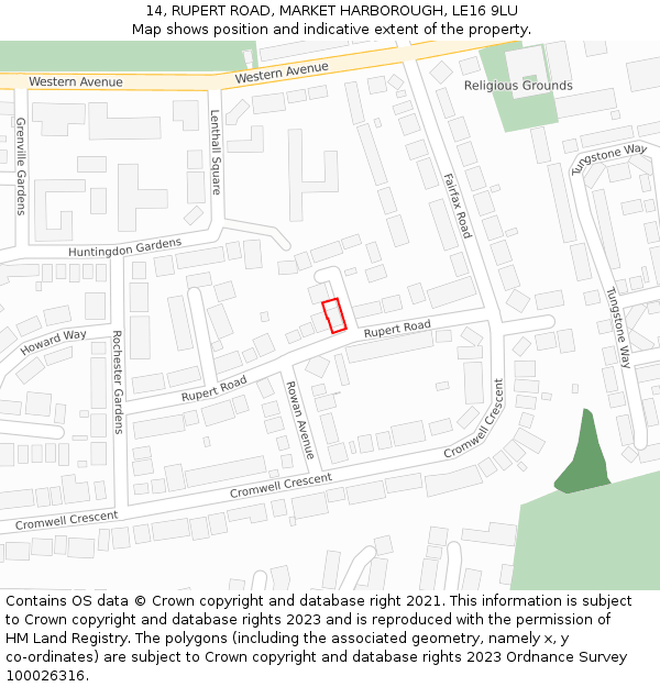 14, RUPERT ROAD, MARKET HARBOROUGH, LE16 9LU: Location map and indicative extent of plot