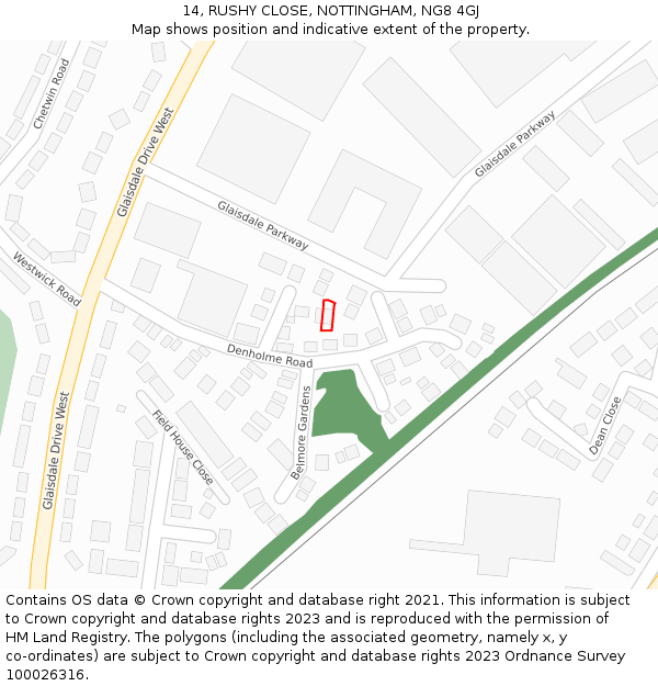 14, RUSHY CLOSE, NOTTINGHAM, NG8 4GJ: Location map and indicative extent of plot