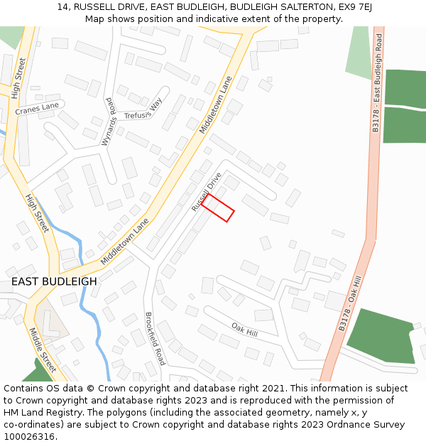 14, RUSSELL DRIVE, EAST BUDLEIGH, BUDLEIGH SALTERTON, EX9 7EJ: Location map and indicative extent of plot