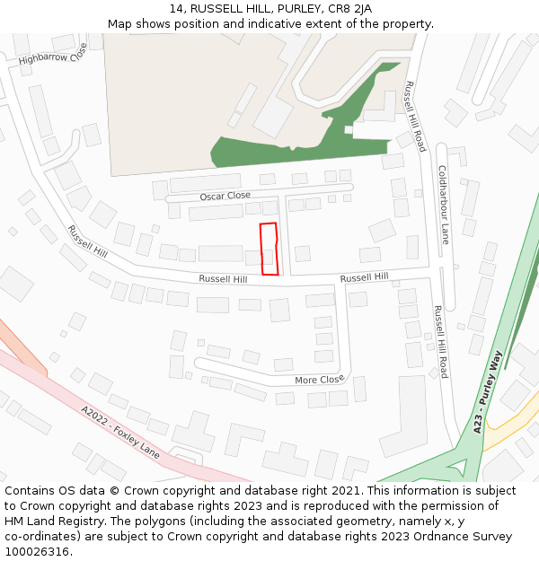 14, RUSSELL HILL, PURLEY, CR8 2JA: Location map and indicative extent of plot