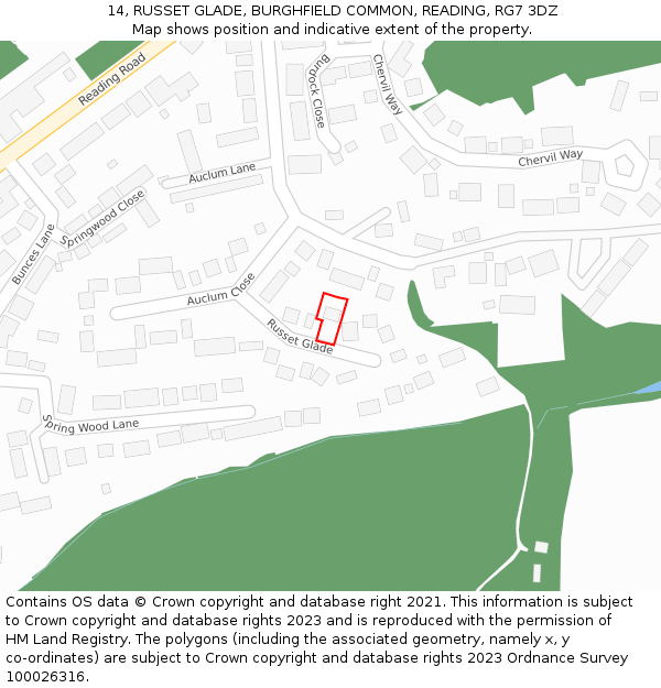 14, RUSSET GLADE, BURGHFIELD COMMON, READING, RG7 3DZ: Location map and indicative extent of plot