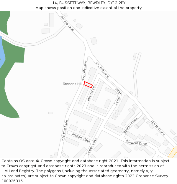 14, RUSSETT WAY, BEWDLEY, DY12 2PY: Location map and indicative extent of plot