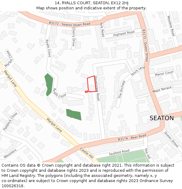 14, RYALLS COURT, SEATON, EX12 2HJ: Location map and indicative extent of plot