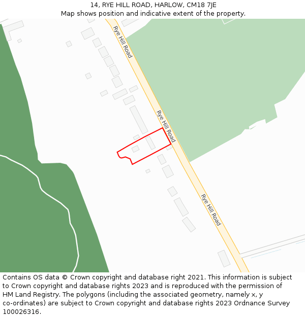 14, RYE HILL ROAD, HARLOW, CM18 7JE: Location map and indicative extent of plot