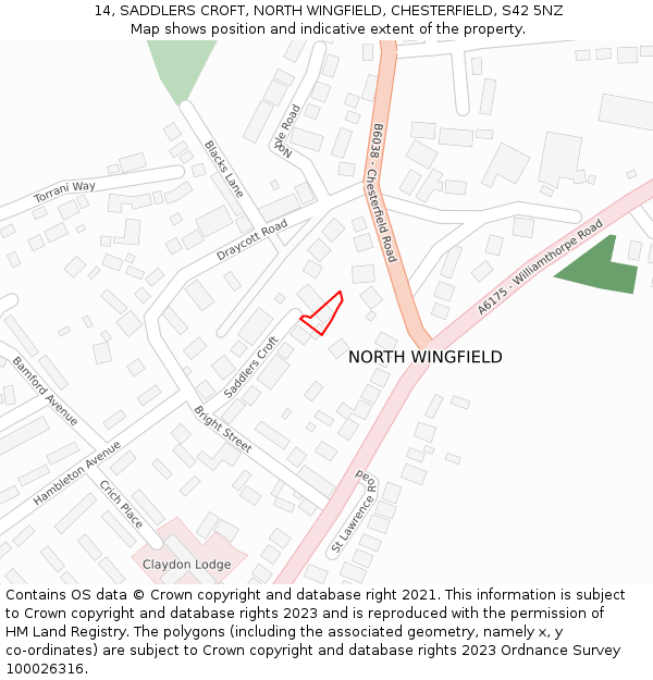 14, SADDLERS CROFT, NORTH WINGFIELD, CHESTERFIELD, S42 5NZ: Location map and indicative extent of plot