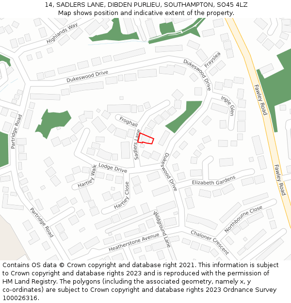 14, SADLERS LANE, DIBDEN PURLIEU, SOUTHAMPTON, SO45 4LZ: Location map and indicative extent of plot