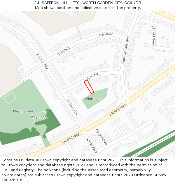 14, SAFFRON HILL, LETCHWORTH GARDEN CITY, SG6 4DB: Location map and indicative extent of plot