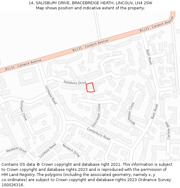 14, SALISBURY DRIVE, BRACEBRIDGE HEATH, LINCOLN, LN4 2SW: Location map and indicative extent of plot