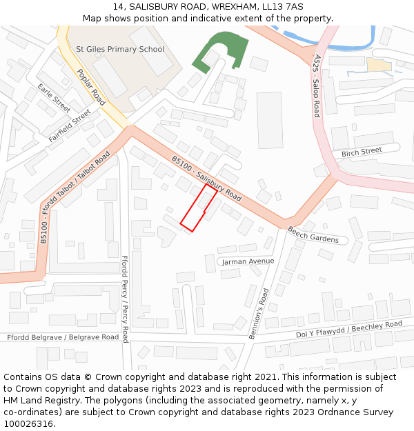 14, SALISBURY ROAD, WREXHAM, LL13 7AS: Location map and indicative extent of plot