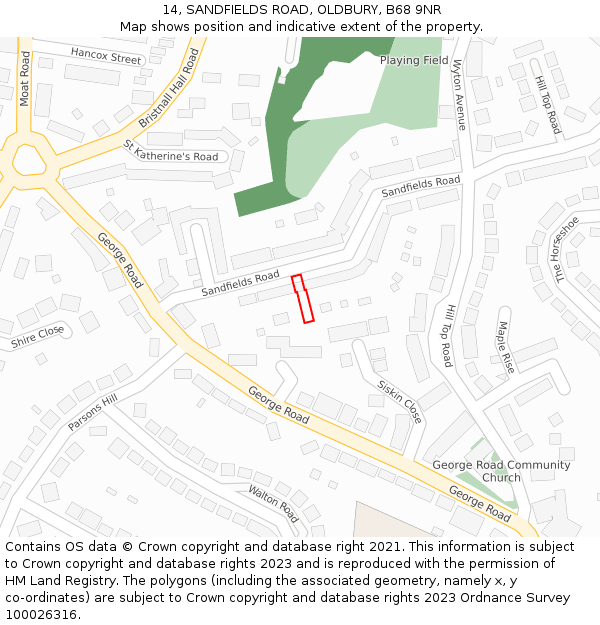 14, SANDFIELDS ROAD, OLDBURY, B68 9NR: Location map and indicative extent of plot