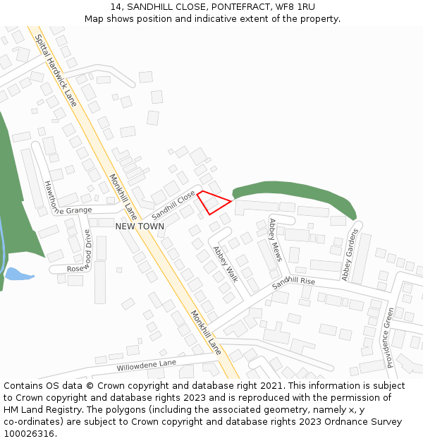 14, SANDHILL CLOSE, PONTEFRACT, WF8 1RU: Location map and indicative extent of plot