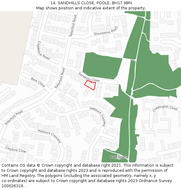 14, SANDHILLS CLOSE, POOLE, BH17 9BN: Location map and indicative extent of plot