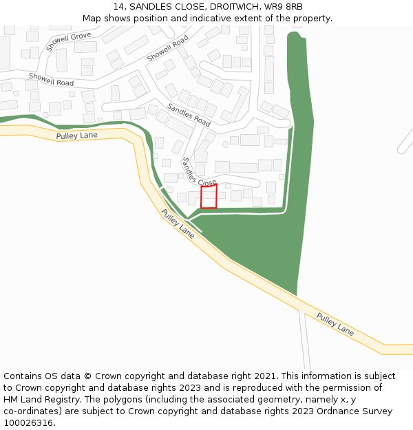 14, SANDLES CLOSE, DROITWICH, WR9 8RB: Location map and indicative extent of plot