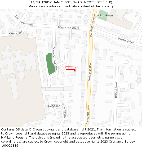 14, SANDRINGHAM CLOSE, SWADLINCOTE, DE11 0UQ: Location map and indicative extent of plot