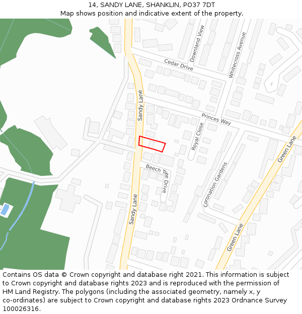 14, SANDY LANE, SHANKLIN, PO37 7DT: Location map and indicative extent of plot