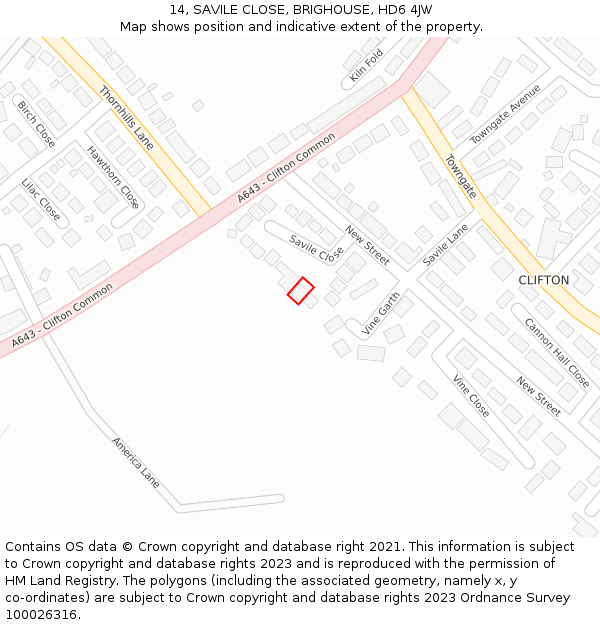 14, SAVILE CLOSE, BRIGHOUSE, HD6 4JW: Location map and indicative extent of plot