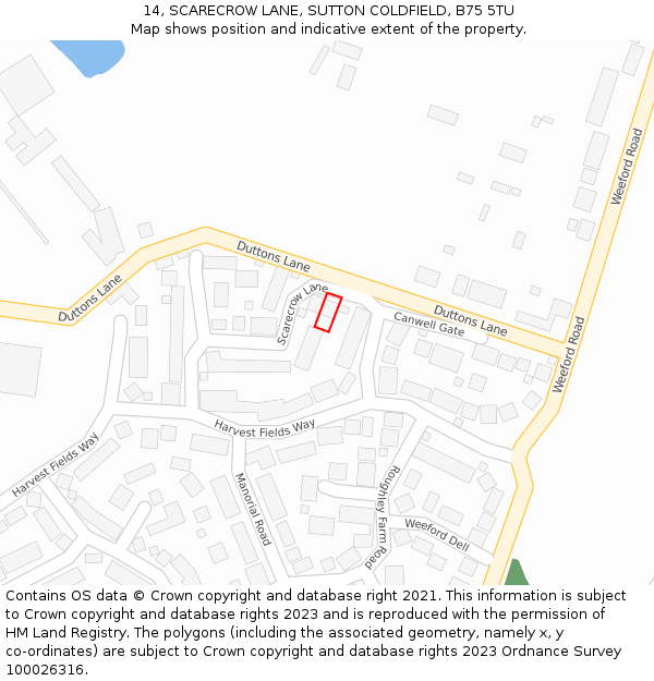 14, SCARECROW LANE, SUTTON COLDFIELD, B75 5TU: Location map and indicative extent of plot