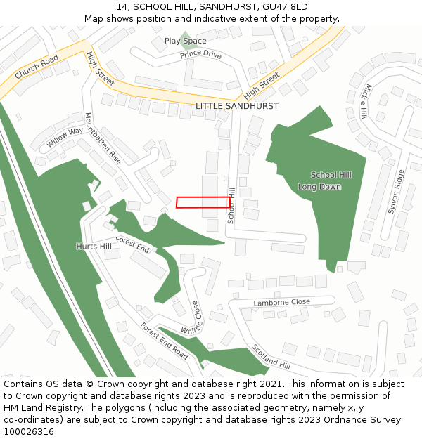 14, SCHOOL HILL, SANDHURST, GU47 8LD: Location map and indicative extent of plot