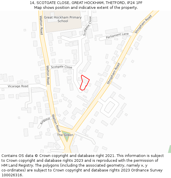 14, SCOTGATE CLOSE, GREAT HOCKHAM, THETFORD, IP24 1PF: Location map and indicative extent of plot