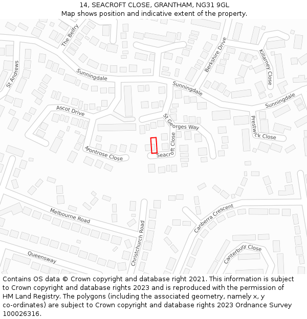 14, SEACROFT CLOSE, GRANTHAM, NG31 9GL: Location map and indicative extent of plot