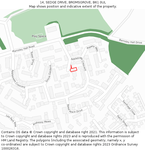 14, SEDGE DRIVE, BROMSGROVE, B61 0UL: Location map and indicative extent of plot