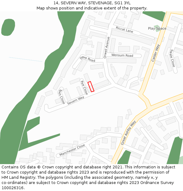 14, SEVERN WAY, STEVENAGE, SG1 3YL: Location map and indicative extent of plot