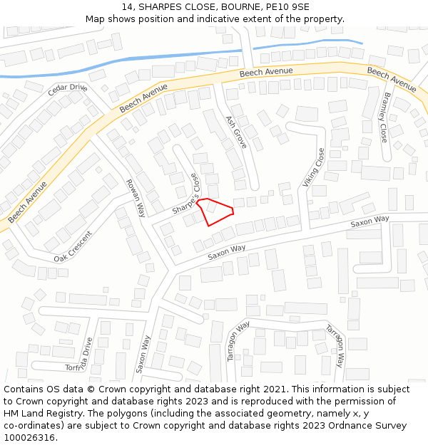 14, SHARPES CLOSE, BOURNE, PE10 9SE: Location map and indicative extent of plot