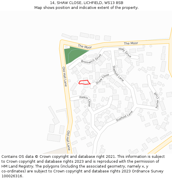 14, SHAW CLOSE, LICHFIELD, WS13 8SB: Location map and indicative extent of plot