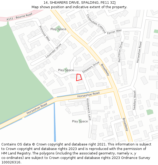 14, SHEARERS DRIVE, SPALDING, PE11 3ZJ: Location map and indicative extent of plot