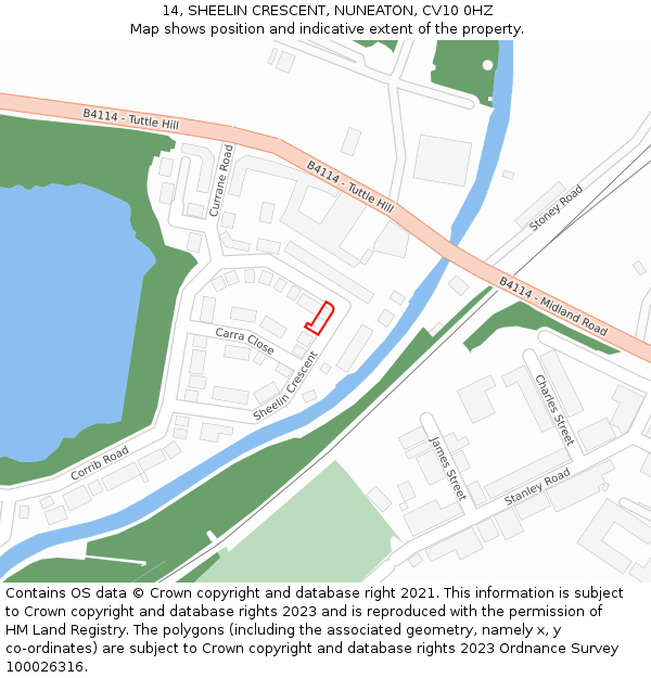 14, SHEELIN CRESCENT, NUNEATON, CV10 0HZ: Location map and indicative extent of plot