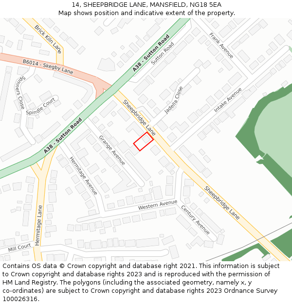 14, SHEEPBRIDGE LANE, MANSFIELD, NG18 5EA: Location map and indicative extent of plot
