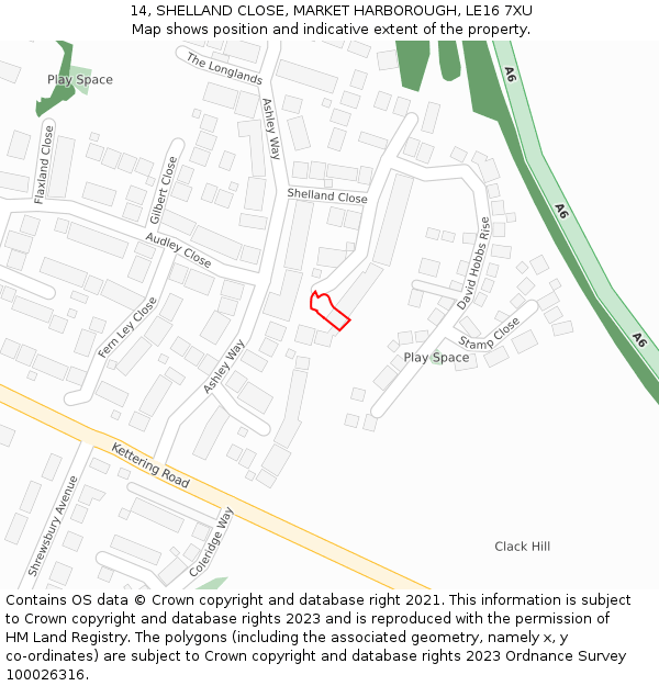 14, SHELLAND CLOSE, MARKET HARBOROUGH, LE16 7XU: Location map and indicative extent of plot