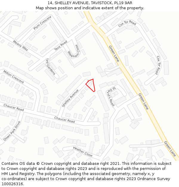 14, SHELLEY AVENUE, TAVISTOCK, PL19 9AR: Location map and indicative extent of plot