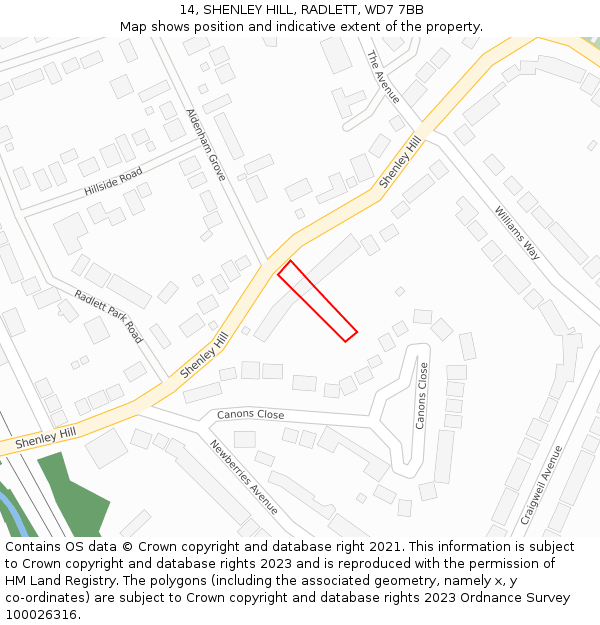 14, SHENLEY HILL, RADLETT, WD7 7BB: Location map and indicative extent of plot