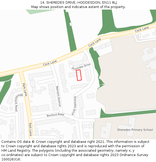14, SHEREDES DRIVE, HODDESDON, EN11 8LJ: Location map and indicative extent of plot