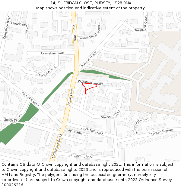 14, SHERIDAN CLOSE, PUDSEY, LS28 9NX: Location map and indicative extent of plot